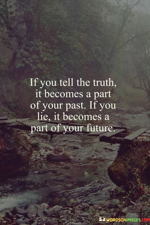 The quote highlights the consequences of honesty and deceit. "Tell the truth" implies transparency. "Becomes a part of your past" signifies resolution. The quote conveys that being truthful allows one to move on from the past.

The quote underscores the enduring impact of dishonesty. It reflects the long-lasting nature of lies. "Part of your future" alludes to the consequences and burden of deceit, emphasizing that dishonesty can haunt one's future.

In essence, the quote speaks to the value of honesty and integrity. It emphasizes that the truth, though sometimes difficult, allows for closure and moving forward. The quote underscores the moral dimension of actions and the importance of making choices that align with one's values to avoid a burdened future.