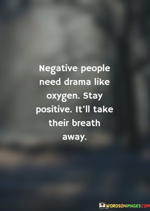 The quote suggests that negative individuals thrive on creating and participating in dramatic situations. It implies that drama is essential to their mindset. This perspective underscores the correlation between negativity and a tendency to amplify conflict or tension.

In essence, the quote underscores the power of positivity in disarming negativity. It implies that maintaining a positive outlook can counteract the drama-seeking tendencies of negative individuals. The quote encourages individuals to rise above the cycle of drama and remain optimistic.

Ultimately, the quote serves as a reminder of the potential influence of positivity in interpersonal dynamics. It emphasizes that a positive attitude can deter negative behavior and help cultivate a more harmonious environment. By staying optimistic, individuals can limit the impact of drama-seeking individuals on their well-being.