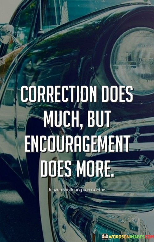 The quote "Correction does much, but encouragement does more" reflects the impact of positive reinforcement. While correction is essential for growth, encouragement holds greater transformative power. Constructive criticism aids improvement, yet genuine support fosters confidence, motivation, and a nurturing environment that empowers individuals to exceed their potential with enthusiasm.

The quote highlights the balance between guidance and upliftment. Corrections offer guidance, helping individuals rectify errors and refine skills. However, encouragement goes beyond, instilling belief and enthusiasm. It inspires creativity and resilience, creating a sense of accomplishment that fuels continuous progress and the pursuit of excellence.

Ultimately, the quote promotes a holistic approach to development. It underscores the importance of a nurturing atmosphere where encouragement and constructive feedback coexist. By embracing both correction and encouragement, individuals thrive, making strides in personal and professional growth, all while feeling supported on their journey.