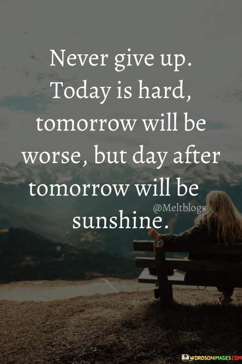 The quote "Never give up. Today is hard, tomorrow will be worse, but day after tomorrow will be sunshine" emphasizes resilience in the face of adversity. It acknowledges the temporary difficulties of the present while encouraging hope for a brighter future. It underscores the cyclical nature of challenges and the promise of eventual relief.

The quote highlights the transient nature of hardships. While today may be tough and tomorrow seemingly tougher, the quote implies that challenges eventually give way to better days. This perspective fosters endurance, inspiring individuals to navigate challenges with a sense of determination, knowing that brighter times lie ahead.

Ultimately, the quote promotes a forward-looking attitude. It encourages individuals to maintain a long-term perspective, recognizing that setbacks are part of a larger journey. By persisting through tough times, individuals can build strength and character, ultimately emerging stronger and more capable of embracing the sunshine that awaits them.