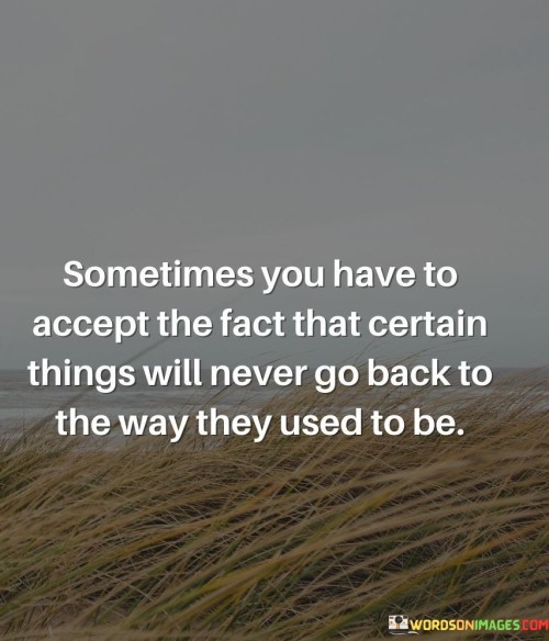 This quote addresses the reality of change and acceptance. "Sometimes You Have To Accept The Fact" highlights the necessity of recognizing reality. "That Certain Things Will Never Go Back to the Way They Used To Be" suggests that some situations cannot be reverted.

The quote emphasizes the importance of embracing change and letting go of the past. It encourages understanding that some things are beyond our control and that adapting to new circumstances is essential for personal growth.

In  this quote reminds us that change is a natural part of life, and acceptance of it is key to maintaining our emotional well-being. It encourages us to move forward with an open heart, acknowledging that although things may change, our ability to adapt and thrive remains constant.