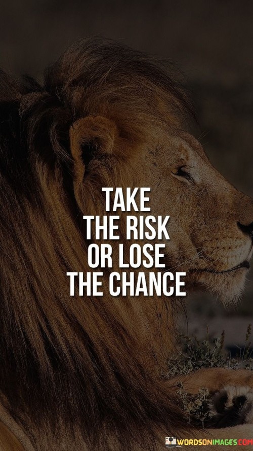 The quote "Take the risk or lose the chance" underscores the critical choice between seizing opportunities or letting them slip away. It highlights that inaction carries its own consequences – missing out on potential growth and achievement. This perspective urges individuals to confront fears and uncertainties to capitalize on life's possibilities.

The quote emphasizes the power of choice. It highlights that not taking risks equates to forgoing potential rewards. This principle encourages a proactive approach, compelling individuals to step outside their comfort zones and embrace challenges in pursuit of personal and professional development.

Ultimately, the quote advocates a mindset of empowerment. It invites individuals to evaluate the potential outcomes of their decisions and encourages them to prioritize action over stagnation. By recognizing the link between taking calculated risks and embracing opportunities, individuals can cultivate a sense of resilience and courage, ultimately leading to a more fulfilling and impactful life.