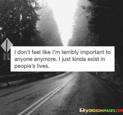 The quote reflects on feelings of insignificance. "Don't feel like I am terribly important" conveys a sense of being undervalued. "Just kinda exist" implies a passive presence. The quote conveys the perception of fading significance in the lives of others.

The quote underscores the emotional impact of feeling unimportant. It highlights a growing disconnection. "Exist in people's lives" signifies a lack of active engagement, emphasizing the sense of drifting away from meaningful relationships.

In essence, the quote speaks to the emotional isolation of feeling unimportant. It conveys a yearning for deeper connections and the desire to be more than just a passive presence in others' lives. The quote reflects the need for meaningful interactions and recognition of one's worth in relationships.