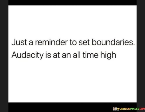 This statement serves as a reminder to establish personal limits. "Just a Reminder to Set Boundaries" encourages defining one's own limits. "Audacity Is at an All Time High" acknowledges a notable increase in bold or inappropriate behavior.

The statement highlights the importance of asserting oneself and protecting personal space in the face of audacious actions.

In essence, this statement prompts us to prioritize self-respect and ensure that we maintain healthy boundaries, especially when faced with behaviors that challenge those boundaries. It emphasizes the need to stand up for oneself and maintain a sense of dignity and respect.