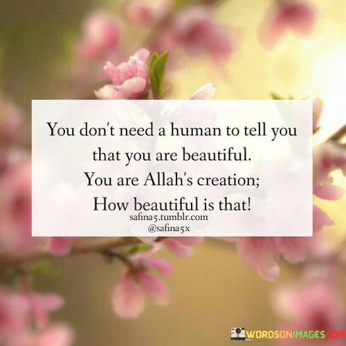 This quote emphasizes the belief that one's beauty and worth as a creation are not contingent on human validation or opinions but are inherent as a creation of Allah (God). It suggests that recognizing oneself as a divine creation is the ultimate source of beauty and self-worth.

In essence, it encourages individuals to find confidence and self-assurance in their divine origin and inherent value.

Ultimately, this quote serves as a reminder of the belief in the intrinsic beauty and worth of every individual as a creation of Allah, highlighting the idea that human opinions about beauty are secondary to the divine perspective.