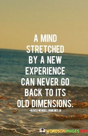 The quote "A mind stretched by a new experience can never go back to its old dimension" illustrates the transformative power of novel encounters. It implies that exposure to fresh perspectives or situations expands one's consciousness irreversibly, making a return to previous states of understanding impossible.

The quote highlights the impact of learning and growth. New experiences challenge preconceived notions, prompting individuals to question assumptions and explore alternative viewpoints. This expansion leads to enhanced critical thinking, empathy, and a broader understanding of the world.

Ultimately, the quote promotes the concept of lifelong learning. Embracing novel experiences continually reshapes the mind, enabling personal evolution and a more dynamic engagement with the world. By seeking out new encounters and remaining open to change, individuals can embrace an enriched, multi-dimensional existence.