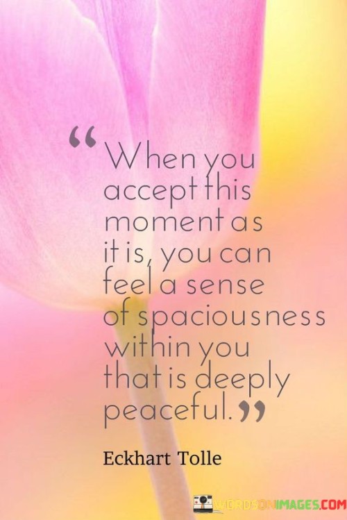 This statement underscores the power of acceptance in finding inner tranquility. "When You Accept This Moment As It Is" encourages embracing the present without resistance. "You Can Feel a Sense of Spaciousness Within You" suggests an expansive emotional state. "That Is Deeply Peaceful" implies that acceptance brings a profound and serene inner calm.

The statement promotes the practice of mindfulness. "When You Accept This Moment As It Is" signifies present-focused awareness. "You Can Feel a Sense of Spaciousness Within You" alludes to mental openness. "That Is Deeply Peaceful" emphasizes the resulting serenity achieved through nonjudgmental acceptance.

Ultimately, the statement champions the connection between acceptance and inner peace. "When You Accept This Moment As It Is" highlights the value of embracing reality. "You Can Feel a Sense of Spaciousness Within You" and "That Is Deeply Peaceful" underscore the harmonious outcome of acceptance, leading to a tranquil and contented state of being.