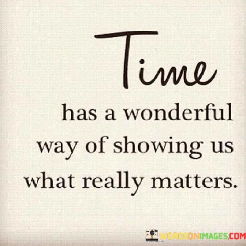 This quote underscores time's revealing nature. "Time Has A Wonderful Way Of Showing Us" implies a gradual process. "What Really Matters" emphasizes that, over time, superficial aspects fade, while meaningful and essential elements become evident, guiding focus toward what holds true significance in life.

The quote highlights clarity through passage of time. "Time Has A Wonderful Way Of Showing Us" implies enlightenment over duration. "What Really Matters" conveys that time's passage unravels distractions, shedding light on genuine priorities, leading individuals to recognize and appreciate the core values and relationships that truly matter.

Ultimately, the quote speaks to time's role in prioritization. "Time Has A Wonderful Way Of Showing Us" hints at a transformative effect. "What Really Matters" reveals the gradual sifting of importance, prompting individuals to reevaluate and shift their attention toward what holds lasting value and significance.