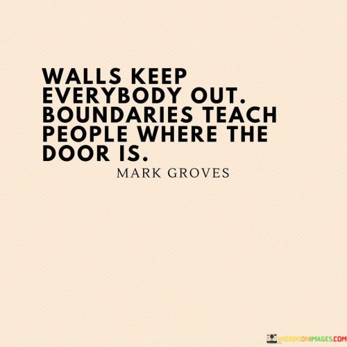 The quote "Walls keep everybody out, boundaries teach people where the door is" underscores the difference between isolation and healthy limits. It suggests that while walls create separation, boundaries provide guidance and structure, allowing respectful entry and exit points in relationships and interactions.

The quote highlights the role of boundaries in communication. Setting clear limits communicates expectations and fosters mutual understanding. Boundaries promote healthy interactions by defining acceptable behavior, ensuring individuals know how to engage while respecting personal space and needs.

Ultimately, the quote promotes the idea of maintaining healthy relationships through defined boundaries. Unlike walls that isolate, boundaries allow for respectful engagement and protect individual well-being. By establishing and respecting boundaries, individuals cultivate more harmonious connections and create an environment conducive to open and respectful interactions.