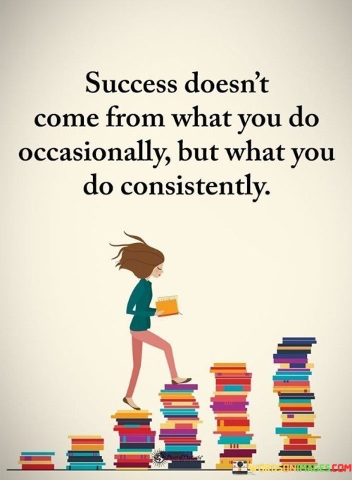 This quote succinctly emphasizes the importance of consistency in achieving success. It conveys the idea that sporadic or occasional efforts are not enough to attain meaningful success. Instead, success is born from a pattern of consistent and persistent actions.

Consistency implies a commitment to a particular course of action over time, often involving discipline and dedication. It suggests that achieving success requires a steady and unwavering effort towards one's goals. In other words, it's not about occasional bursts of activity or short-term efforts but rather the day-to-day, consistent grind.

Ultimately, this quote serves as a valuable reminder that success is a long-term endeavor. It reinforces the notion that sustainable achievements come from the steady and continuous pursuit of one's objectives, highlighting the significance of persistence and routine in the journey toward success.