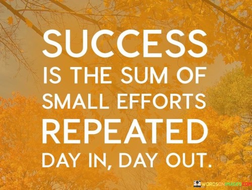 This quote succinctly conveys the concept that success is the result of consistent and persistent effort, often built upon small, daily actions.

The phrase "Success Is the Sum of Small Efforts" emphasizes that significant achievements are not typically the outcome of grand gestures or isolated events but rather the accumulation of numerous small and consistent steps taken over time.

The addition of "Repeated Day In, Day Out" underscores the importance of daily commitment and consistency. It implies that success requires a disciplined routine of continuous effort and dedication. In essence, this quote serves as a reminder that success is achievable through the steady and sustained pursuit of one's goals, emphasizing the power of consistency in the journey toward achievement.