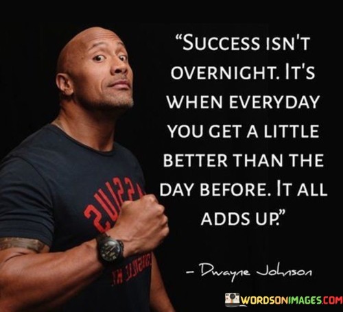 "Success Isn't Overnight" suggests that significant achievements don't occur in a short period. It dispels the notion of overnight success and underscores the need for patience and persistence. It's When Every Day You Get a Little Better Than the Day Before" emphasizes the importance of consistent progress and self-improvement. Success is built through small daily actions and enhancements.

"It All Adds Up" reinforces the idea that the accumulation of daily improvements leads to substantial long-term success. Each small step contributes to the larger picture.

In essence, this statement encourages individuals to focus on daily progress and personal growth as the key to achieving their goals. It reminds us that even small, consistent efforts can lead to significant accomplishments over time.