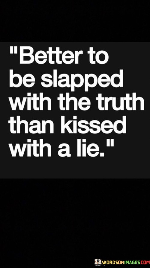 This quote favors the painful truth over comforting deception. "Better to be slapped" suggests harshness. "With the truth" underscores honesty. It implies that confronting reality, even if uncomfortable, is preferable to being misled, emphasizing the value of unvarnished truth over superficial flattery.

Truth's sting surpasses false allure. "Better to be slapped" denotes discomfort. "Kissed with a lie" symbolizes deception's charm. The quote challenges the appeal of falsehood, advocating for embracing the discomfort of truth to avoid the illusory comfort of lies, fostering genuine understanding and authenticity.

Ultimately, the quote champions the integrity of truth. It underscores the importance of facing reality, even if it bruises. By prioritizing honesty over artifice, individuals make choices that align with their values, deepen connections, and promote growth through genuine interactions.