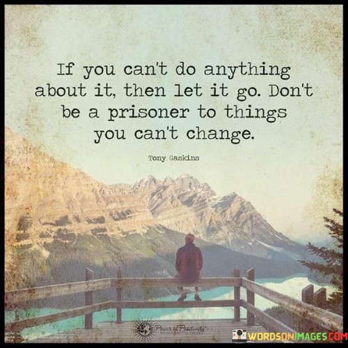 This insightful quote advocates for the practice of letting go of things beyond our control. In the first paragraph, it suggests that if we cannot influence or change a situation, it is best not to dwell on it. By accepting our limitations, we free ourselves from unnecessary stress and emotional burden.

The second paragraph emphasizes the need to release the attachment to circumstances beyond our power. Being a prisoner to unchangeable situations only perpetuates feelings of frustration and helplessness. Instead, the quote encourages us to focus on the aspects of life where we can make a positive impact.

In the third paragraph, the quote inspires us to adopt a more mindful and proactive approach to life. By choosing to let go of what we can't change, we create space for personal growth, resilience, and the pursuit of meaningful endeavors. This quote reminds us that finding peace and contentment often lies in accepting life's uncertainties and channeling our energy towards what we can control.