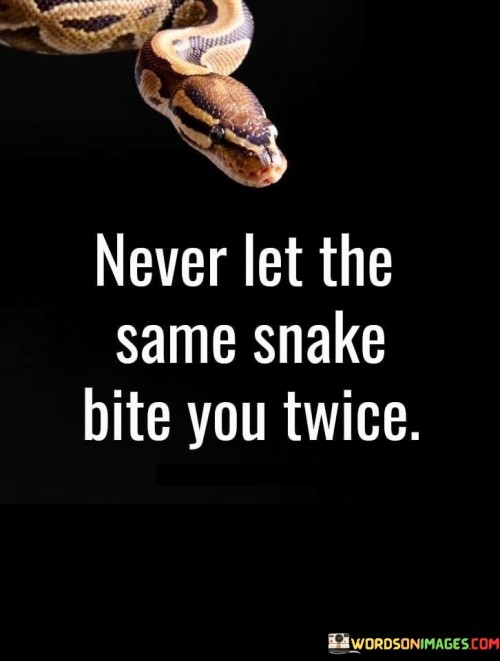 This quote warns against repeating mistakes. "Never let" signifies prevention. "Same snake bite you twice" implies learning from past experiences. It emphasizes the importance of avoiding repeated harm or deception, urging individuals to apply lessons learned from previous encounters with deceitful or harmful individuals.

Learning prevents repeated harm. "Never let" implies caution. "Same snake bite you twice" suggests prudence. The quote champions the principle of self-protection and discernment, encouraging individuals to apply discernment and wisdom to avoid falling into the same traps or being hurt by the same sources again.

Ultimately, the quote champions self-preservation. It underscores the importance of learning from experience. By advocating for the avoidance of repeated harm, individuals prioritize their well-being, strengthen their ability to recognize potential threats, and cultivate a more resilient and empowered approach to navigating relationships and life's challenges.