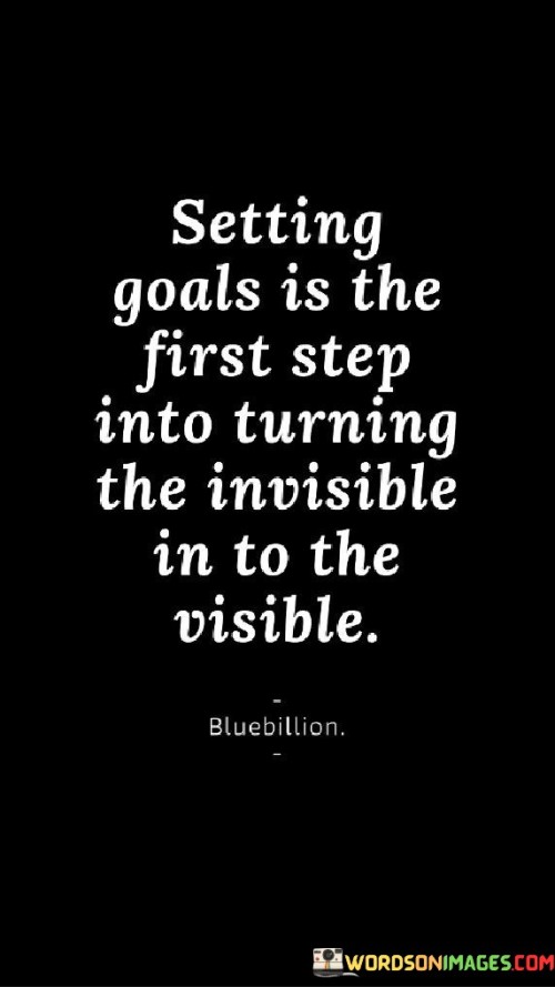 This quote talks about making your dreams real. "Setting goals is the first step" means deciding what you want to achieve. "Turning the invisible into the visible" is like making something you imagine become real by working hard and making a plan.

Imagine you have a dream that you can't see. "Setting goals is the first step" means making a plan to reach that dream. "Turning the invisible into the visible" is like using your plan to make your dream come true, so you can see and touch it.

In simple words, this quote tells us that when we set goals and work hard, we can make our dreams real. It's like taking something we imagine in our minds and making it into a real thing we can see and feel. So, making plans and working towards our goals is really important.