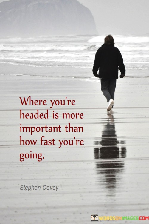 Think about going on a trip. This quote means that the place you're going to is more important than how quickly you're getting there. It's like saying, "Don't rush through life, focus on your goals."

Imagine you're driving a car. It's better to drive safely and reach your destination than to speed and get into an accident. This quote is telling you to pay attention to where you want to go, not just how fast you're moving.

Picture a race. It's not about being the fastest, but about finishing and reaching the finish line. This quote is saying that your goals and dreams matter more than being in a hurry. So, take your time and keep moving towards your destination.