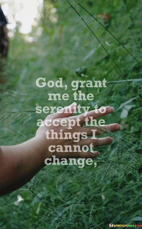 At its core, this quote expresses a desire for serenity and an acknowledgment of human limitations. It reflects the belief that there are aspects of life, circumstances, and events that individuals cannot change or control, and it seeks divine help in finding the inner peace and acceptance to navigate these situations with grace.

The Serenity Prayer continues with additional lines that ask for the courage to change the things that can be changed and the wisdom to know the difference between what can and cannot be changed. Together, these lines emphasize the importance of surrendering to God's will and seeking guidance to discern when to take action and when to accept life as it is.

In essence, "God grant me the serenity to accept the things I cannot change" encapsulates the idea of seeking spiritual assistance in letting go of the burdens of unchangeable circumstances and finding peace in the midst of life's challenges. It is a prayer for resilience, acceptance, and reliance on a higher power to provide the serenity needed to face life's uncertainties.