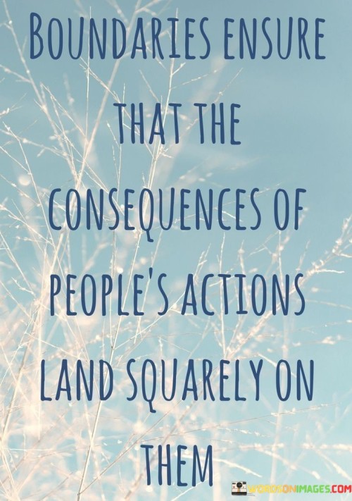 The quote "boundaries that the consequences of people's actions land squarely on them" underscores the importance of personal responsibility. It suggests that individuals should face the outcomes of their choices without shifting blame onto others.

The quote highlights the concept of accountability. By setting boundaries, we ensure that individuals take ownership of their actions and the resulting consequences.

Ultimately, the quote champions empowerment and autonomy. It encourages us to establish healthy boundaries that foster self-reliance and accountability. By allowing individuals to experience the outcomes of their decisions, we promote growth, learning, and a greater sense of agency in their lives.