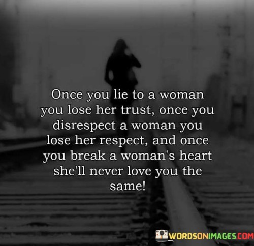 The quote "Once you lie to a woman, you lose her trust; once you disrespect a woman, you lose her respect; and once you break a woman's heart, she'll never love you the same" portrays the irreversible consequences of dishonesty, disrespect, and heartbreak in relationships.

The phrase "Once you lie to a woman, you lose her trust" underscores the fragility of trust in any relationship. Deception erodes the foundation of trust, making it challenging to rebuild a sense of security.

"Once you disrespect a woman, you lose her respect" highlights the reciprocal nature of respect in relationships. Disrespect damages the mutual regard necessary for healthy interactions and emotional connection.