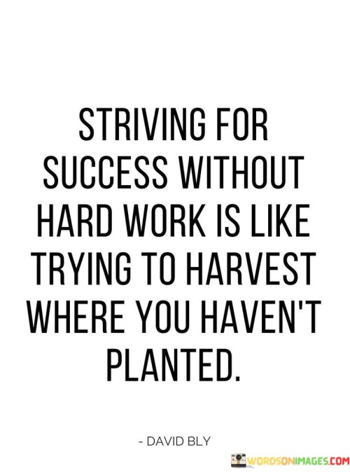 The phrase "Striving For Success Without Hard Work" highlights the idea that merely desiring or dreaming of success without putting in the necessary effort is akin to wishful thinking.

The analogy "Like Trying to Harvest Where You Haven't Planted" vividly illustrates the concept that in farming, you must first sow seeds, nurture them, and put in the hard work of tending to the crops before you can expect to reap a harvest. Similarly, in the pursuit of success, diligent and consistent effort is required before you can expect to achieve your goals.

In summary, this quote emphasizes the importance of hard work, dedication, and effort in achieving success. It reminds us that, like farming, success requires sowing the seeds of effort before we can expect to reap the rewards of our labor.