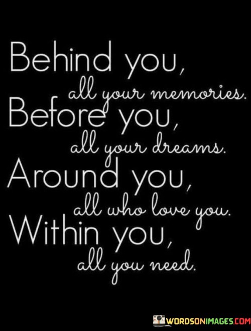 This quote paints a picture of life's essentials. In the first part, "behind you all your memories," it signifies the past shaping us. The second part, "before you all your dreams," emphasizes future aspirations. Together, they highlight the journey between the past and future.

The third part, "around all who love you," celebrates supportive relationships. The quote's culmination, "within you all you need," emphasizes inner strength and resources.

Ultimately, the quote encapsulates life's core components: past experiences, future ambitions, meaningful relationships, and the resilience that resides within oneself, highlighting the holistic nature of a fulfilling life journey.