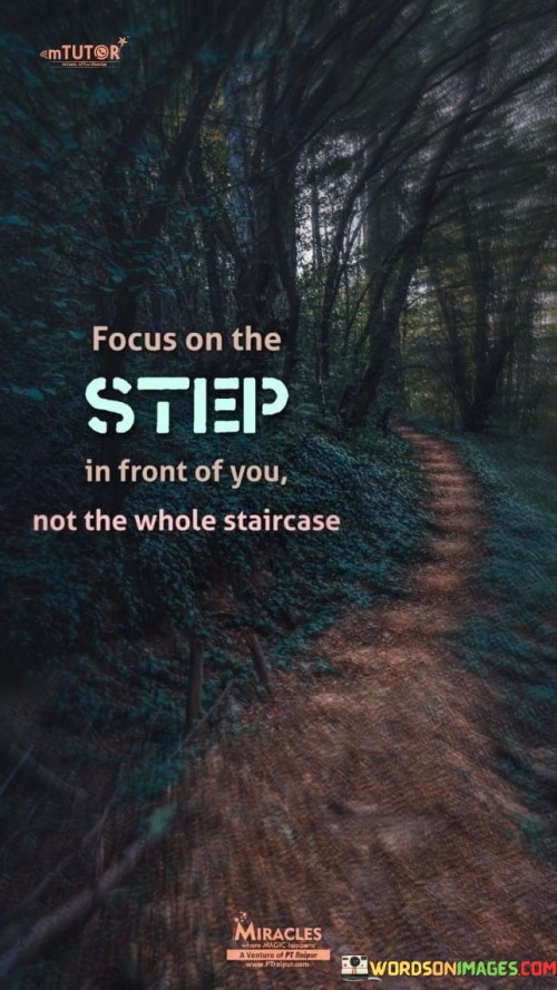 This quote emphasizes the importance of taking things one step at a time. In the first paragraph, it suggests that concentrating on the immediate task is more manageable than getting overwhelmed by the bigger picture.

The second paragraph underscores the value of focus. Breaking down a daunting goal into smaller steps fosters progress and prevents feelings of being overwhelmed.

In the third paragraph, the quote inspires a practical mindset. By concentrating on the present step, individuals can work steadily toward their objectives, achieving their goals more effectively. This quote encourages individuals to prioritize the current task at hand, fostering productivity and a less daunting perspective on achieving larger goals.