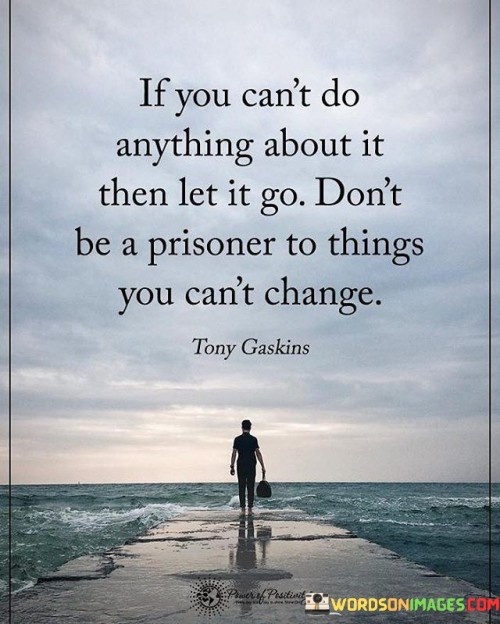 This quote advises releasing control over situations beyond our influence. In the first paragraph, it suggests that when facing circumstances beyond our power, it's best to let go. Holding onto them can lead to emotional distress and a sense of helplessness.

The second paragraph underscores the importance of acceptance. Acknowledging limitations and accepting what cannot be changed fosters inner peace and mental well-being.

In the third paragraph, the quote encourages focusing on what's within our control. By freeing ourselves from futile worries, we gain mental space to channel energy into productive endeavors. It inspires us to prioritize our well-being by avoiding unnecessary stress over things we can't change. This quote promotes mental freedom by advocating for letting go of things beyond our control, thus fostering emotional well-being and personal growth.