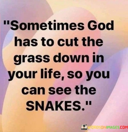 The phrase "Sometimes God has to cut the grass down in your life" implies that God may need to intervene or take drastic measures in one's life, just as cutting grass is a deliberate and necessary action for growth and clarity.

The metaphor "so you can see the snakes" conveys the idea that the removal of obstacles or distractions can lead to increased awareness of negative influences or challenges that were previously concealed.

In essence, this quote inspires individuals to trust in divine intervention and guidance, even when faced with difficult or uncomfortable circumstances. It suggests that challenges and obstacles may be removed from one's path to reveal hidden dangers, ultimately leading to greater awareness and the opportunity for personal growth and protection.