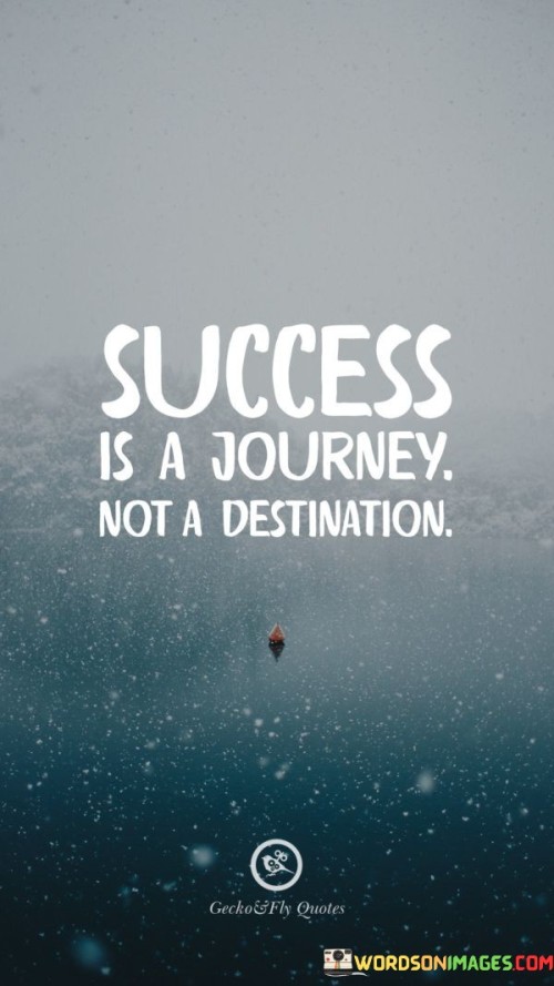 The phrase "Success Is A Journey" suggests that the pursuit of success is a continuous and dynamic path. It's not limited to a single endpoint but involves a series of steps, experiences, and achievements along the way.

The central concept here is that "Not A Destination," emphasizing that success is not a fixed point where one can simply stop and rest. Instead, it's about ongoing growth, learning, and improvement.

In summary, this statement encourages individuals to view success as an ongoing and enriching journey, rather than a final endpoint. It reminds us that personal and professional development is an ongoing process that involves continuous effort, learning, and adaptation.