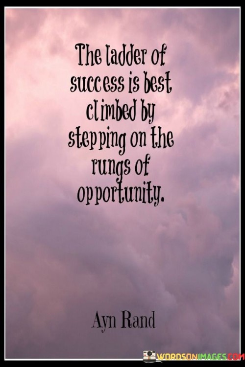 This quote underscores the idea that success is achieved by seizing opportunities and making the most of them. In the first paragraph, it likens the journey to success to climbing a ladder, suggesting that it's a gradual process that involves ascending one step at a time.

The second paragraph emphasizes the importance of recognizing and capitalizing on opportunities as they come along. Success isn't solely about luck but also about being prepared and willing to take action when opportunities arise. Each opportunity can be seen as a rung on the ladder, and by stepping on these rungs, individuals can ascend towards their goals.

In the final paragraph, the quote serves as a reminder that success is within reach for those who actively seek and make use of opportunities. It encourages individuals to be proactive, vigilant, and prepared to take risks when necessary in order to climb the ladder of success. Ultimately, this quote highlights the role of seizing chances in the pursuit of one's goals.