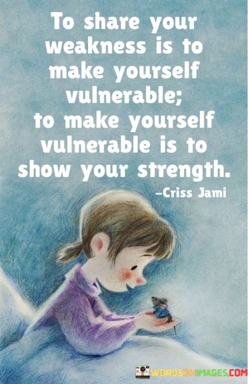 This quote conveys the idea that embracing vulnerability can paradoxically reveal inner strength.

The first part suggests that openly acknowledging our weaknesses requires a level of vulnerability. Sharing these aspects of ourselves can feel uncomfortable, as it exposes our imperfections and insecurities to others.

The second part highlights the power in vulnerability. By allowing ourselves to be open and genuine, we demonstrate courage and authenticity. This act of revealing our vulnerabilities can foster connection, empathy, and trust with others.

In essence, the quote conveys that displaying vulnerability isn't a sign of weakness, but rather a display of inner strength. It demonstrates our willingness to be genuine and authentic, ultimately fostering deeper connections and relationships with those around us.