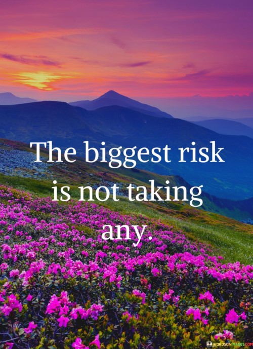 The quote "The Biggest Risk Is Not Taking Any" means that the most significant danger we face is not when we take risks, but when we avoid taking any risks at all. In simple terms, it suggests that playing it too safe and never stepping out of our comfort zone can be the riskiest choice. 

This quote encourages us to be open to new opportunities and challenges in life. If we always stay within our comfort zone and avoid taking risks, we may miss out on valuable experiences and growth. It reminds us that taking calculated risks can lead to progress and success.

In essence, the quote emphasizes that a lack of action and a fear of taking risks can be more detrimental than actually trying something new, even if there's a chance of failure. It encourages us to embrace change and not be paralyzed by the fear of the unknown.