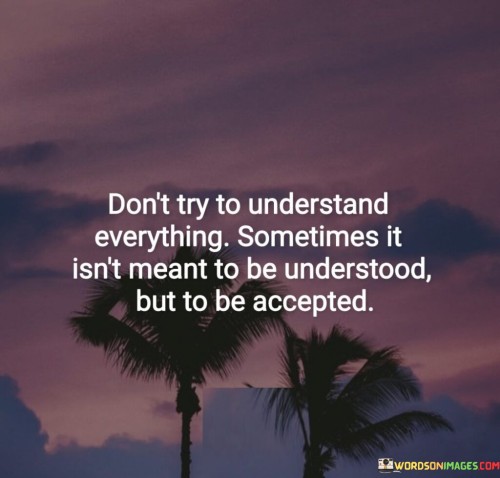 The quote advises on acceptance over constant analysis. It suggests that not everything requires comprehensive understanding; some things are meant to be embraced as they are. This viewpoint emphasizes the value of letting go of the need to grasp every detail.

The quote underscores the importance of relinquishing the need for complete comprehension. It conveys that acceptance can be more valuable than exhaustive understanding. This perspective encourages individuals to find peace in acknowledging that some things are beyond complete explanation.

Ultimately, the quote promotes the idea of embracing ambiguity. It implies that not everything has a clear answer or logical explanation. By highlighting the role of acceptance in situations that resist complete understanding, the quote guides individuals towards finding solace in relinquishing the need for constant analysis.