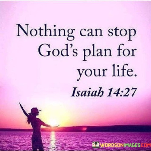 This quote emphasizes the idea that divine plans and purposes for an individual's life are unstoppable and invincible. It suggests that no matter what obstacles, challenges, or setbacks may arise, God's plan will ultimately prevail.

The quote reflects the belief in the sovereignty and omnipotence of God, highlighting the idea that His divine plan is unshakable and will come to fruition in its own time and way.

In essence, this quote serves as a source of comfort and encouragement, reassuring individuals that they can trust in God's plan for their life, knowing that it is destined to succeed, regardless of the difficulties they may encounter along the way. It underscores the power of faith in navigating life's journey.