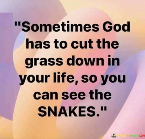 This quote uses a vivid metaphor to convey an important life lesson. It suggests that sometimes, God needs to remove certain people or elements from your life (represented by cutting the grass) in order for you to become aware of and protect yourself from negative or harmful influences (symbolized by the snakes hiding in the grass).

The phrase "so you can see the snakes" implies that these negative influences may not be immediately visible or apparent. It underscores the idea that God's actions, such as removing certain people or situations, are aimed at revealing hidden dangers and helping you make better choices.

In essence, this quote encourages individuals to trust in the divine wisdom and providence, even when it involves difficult or painful changes. It emphasizes the importance of discernment and the belief that God's actions are ultimately for your safety and well-being.