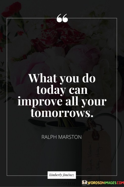 This quote emphasizes the idea that the actions and decisions made in the present have a direct impact on shaping the quality of one's future. It underscores the importance of taking proactive steps today to create a better tomorrow.

By acknowledging that the choices and efforts made today can lead to positive outcomes in the future, the quote encourages a sense of responsibility and intentionality in one's actions. It suggests that small, consistent actions taken in the present can accumulate over time to bring about significant improvements in various aspects of life.

Furthermore, the quote emphasizes the concept of personal growth and development. By focusing on self-improvement today, individuals are more likely to cultivate the skills, habits, and mindset needed to enhance their future experiences. Whether it's pursuing education, practicing healthy habits, or nurturing relationships, the quote underscores the transformative potential of intentional actions in shaping a fulfilling and successful future.
