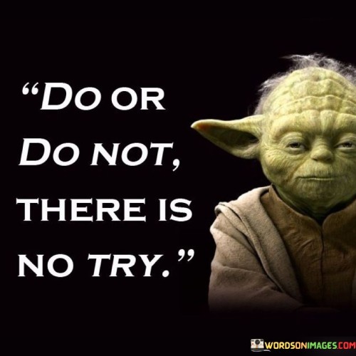 The quote encapsulates the principle of decisive action. In the first paragraph, it introduces the choice: "do or do not." This implies a clear-cut decision-making.

The second paragraph presents the elimination of a middle ground: "there is no try." This phrase suggests that partial effort lacks commitment.

The third paragraph captures the essence: commitment to action. The quote underscores the importance of resolute determination and fully committing to a task, avoiding half-hearted efforts. It aligns with the idea that success often hinges on unwavering dedication and focus.