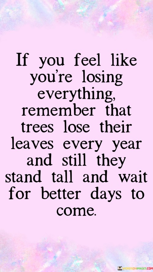 The quote draws parallels between human resilience and nature's cycles. In the first paragraph, it introduces the challenging scenario: "If you feel like you’re losing everything." This implies personal hardship or adversity.

The second paragraph presents the comparison: "remember that trees lose their leaves every year." This suggests that nature also experiences cycles of loss.

The third paragraph captures the essence: resilience and hope. The quote inspires strength during tough times by likening human endurance to nature's renewal. Just as trees weather seasons of shedding, individuals can remain steadfast and hopeful, anticipating brighter days ahead.