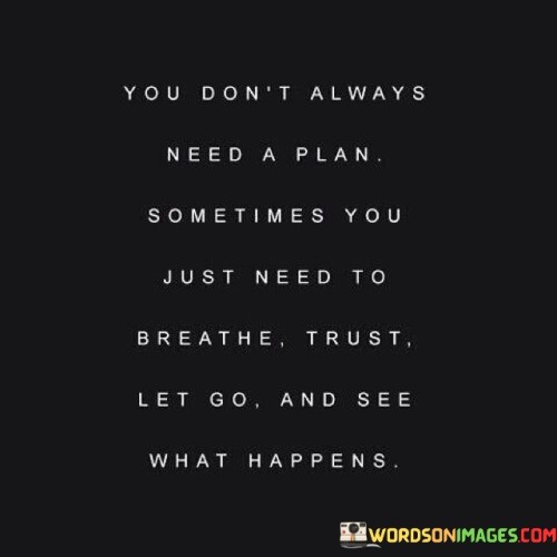 This quote underscores the value of flexibility. In the first part, "you don't always need a plan," it challenges the notion of constant structure. The second part, "sometimes you just need to breathe, trust, let go," suggests embracing uncertainty and releasing control.

The quote implies that spontaneity can lead to growth. It encourages us to find comfort in surrendering to life's flow. By advocating for openness, the quote prompts us to embrace possibilities beyond rigid planning.

Ultimately, the quote promotes adaptability in navigating life. It prompts us to let go of excessive planning and trust in the journey. By encouraging a balance between control and release, the quote empowers us to approach life with a more relaxed and open mindset.