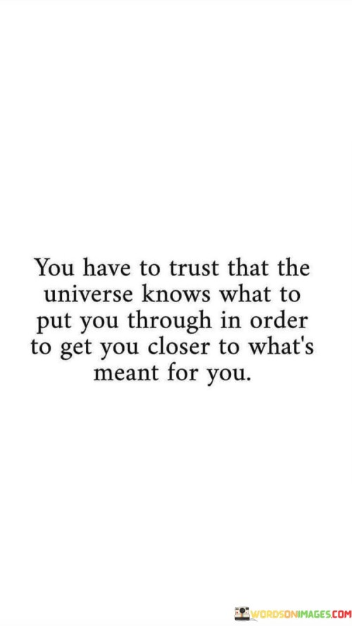 This quote emphasizes trust in life's journey. In the first part, "you have to trust," it underscores the importance of faith. The second part, "that the universe knows what to put you through," implies that challenges serve a purpose.

The quote suggests that life's tests have a greater plan. It encourages us to view obstacles as stepping stones. By highlighting the universe's guiding role, the quote prompts a positive outlook and resilience in navigating challenges.

Ultimately, the quote promotes surrendering to life's flow. It prompts us to trust that adversities lead us toward our destined path. By advocating for faith in the universe's wisdom, the quote empowers us to embrace difficulties as part of a larger journey of growth and fulfillment.