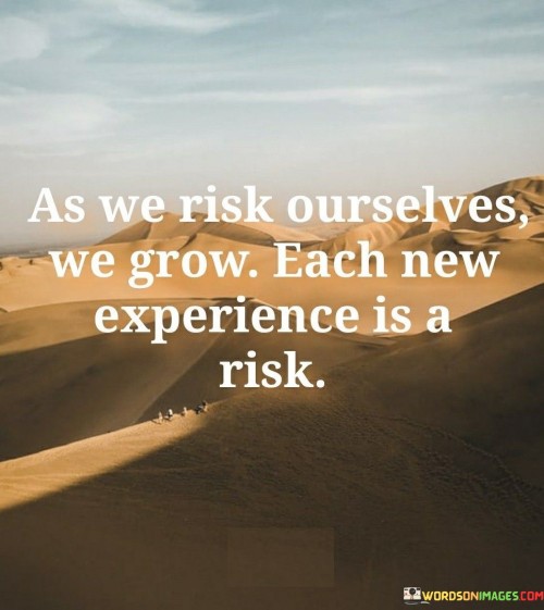 This quote highlights the connection between growth and taking risks. In the first part, "as we risk ourselves," it suggests that personal growth involves taking chances. The second part, "we grow each new experience is a risk," underscores the idea that every new experience carries an element of risk.

The quote implies that stepping out of our comfort zones promotes development. It advocates for embracing challenges. By linking growth to risk and new experiences, the quote emphasizes the transformative power of pushing boundaries.

Ultimately, the quote advocates for embracing uncertainty for personal advancement. It prompts us to view risk as an opportunity for growth. By associating risk-taking with growth and new experiences with risks, the quote empowers us to approach unfamiliar situations with a positive mindset, fostering personal development.