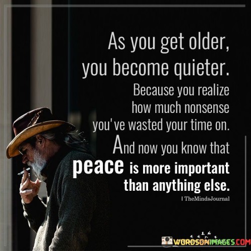 This quote reflects the wisdom that comes with age. In the first part, "as you get older," it acknowledges the passage of time. The second part, "you become quieter," suggests a shift towards introspection. The third part, "realize how much nonsense you've wasted your time on," highlights the realization of past distractions.

The quote implies that aging brings clarity about life's priorities. It advocates for valuing peace. By linking quietness and prioritizing peace, the quote underscores the shift from pursuing trivial matters to seeking tranquility.

Ultimately, the quote advocates for embracing a calmer perspective as we age. It prompts us to let go of unimportant concerns. By associating quietness with the realization of time wasted on trivialities and valuing peace over all else, the quote empowers us to cultivate a more meaningful and serene outlook on life.