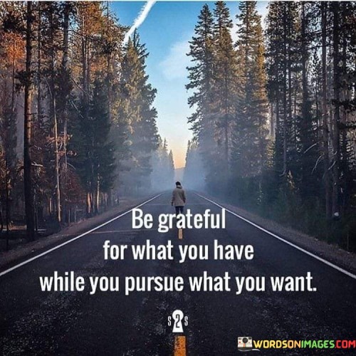 In this quote, "Be Grateful For What You Have While You Pursue What You Want," the essence of contentment and ambition is beautifully captured. It advises maintaining gratitude for your current blessings, fostering a positive perspective. This mindset doesn't negate ambition but emphasizes appreciating your present situation, cultivating inner satisfaction.

The quote suggests a balance between desire and gratitude, reflecting a holistic life approach. It acknowledges that seeking personal growth and aspirations is crucial, yet being appreciative of existing blessings adds depth to one's journey. This balanced attitude can lead to a more fulfilling life by fostering both self-improvement and contentment, aligning aspirations with a grateful heart.

Ultimately, the quote encourages a harmonious blend of ambition and appreciation. It's a reminder that the pursuit of goals shouldn't overshadow recognizing the gifts already present. By embracing this philosophy, individuals can navigate life's complexities with a sense of purpose and an attitude of thankfulness, fostering a rewarding and balanced existence.
