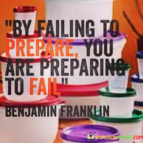 This quote emphasizes the importance of preparation for success. In the first part, "By failing to prepare," it addresses the lack of readiness. The second part, "you are preparing to fail," suggests that inadequate preparation leads to failure.

The quote implies that success requires proper planning. It advocates for foresight and diligence. By connecting failing to prepare with preparing to fail, the quote underscores the correlation between preparedness and positive outcomes.

Ultimately, the quote advocates for proactive efforts and foresight. It prompts us to prioritize preparation for achieving our goals. By associating failing to prepare with setting the stage for failure, the quote encourages us to take responsibility for our success by investing time and effort into planning.