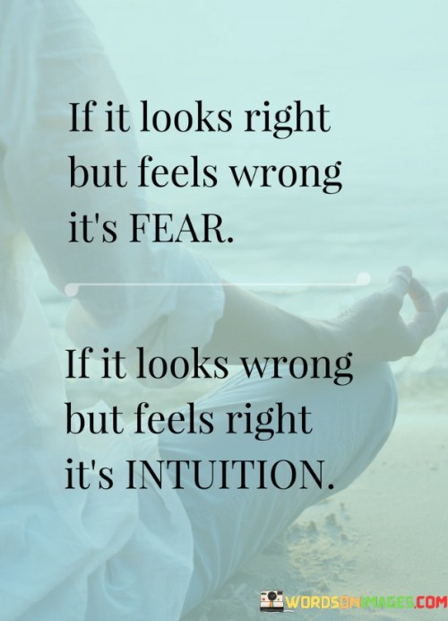 This quote explores the intricate interplay between fear and intuition in decision-making. In the first paragraph, it suggests that if a situation or choice seems outwardly favorable or logical but evokes a sense of discomfort or unease, it's likely driven by fear. This fear could stem from concerns about the unknown, potential risks, or past experiences.

The second paragraph highlights the power of intuition. It proposes that even if something appears unconventional or counterintuitive on the surface, but resonates deeply within, it's a sign that intuition is at play. Intuition often draws from subconscious knowledge and instincts, guiding individuals toward decisions that align with their true selves and inner wisdom.

The third paragraph underscores the importance of discernment. By distinguishing between fear and intuition, one can make choices that lead to greater alignment and fulfillment. This quote encourages individuals to trust their inner feelings and instincts, rather than being swayed solely by external appearances or societal norms, ultimately fostering a sense of authenticity and personal empowerment.