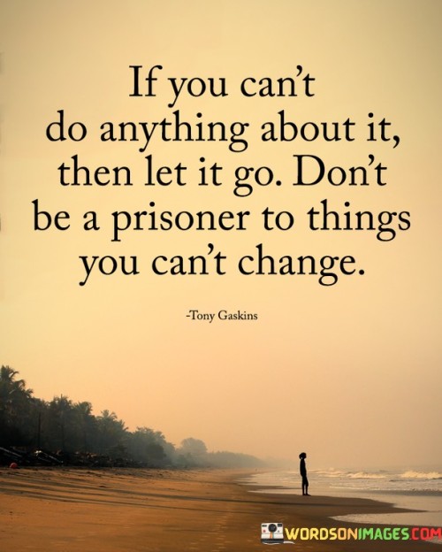 This quote underscores the importance of letting go of things beyond our control. The first paragraph suggests that dwelling on situations or circumstances that are beyond our influence can be counterproductive. It advises accepting that some things are simply beyond our ability to change and, instead of fixating on them, redirecting our focus towards more productive endeavors.

The second paragraph highlights the idea of freeing oneself from unnecessary emotional burdens. By acknowledging the limitations of our control, we can avoid becoming emotionally entangled in situations that we cannot alter. This perspective enables us to maintain a healthier mindset and emotional well-being, as we don't allow ourselves to be imprisoned by things that are outside our sphere of influence.

In the third paragraph, the quote encourages a proactive approach to life. It recommends channeling our energy and efforts into areas where we can make a difference, rather than expending valuable resources on futile endeavors. By letting go of what we cannot change, we make room for personal growth, positive change, and a sense of empowerment over the things we can control.