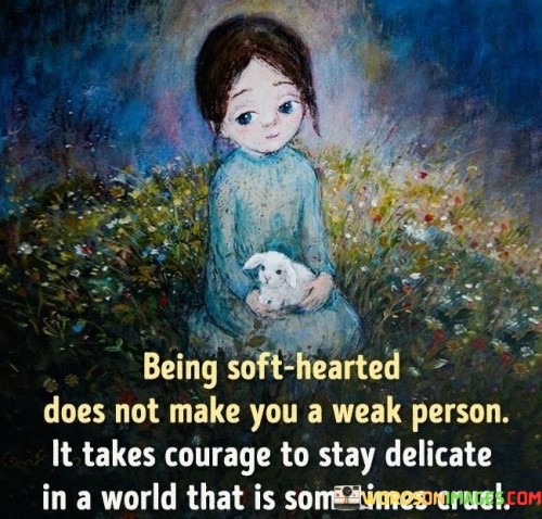 This quote highlights the strength that lies within those who maintain a soft and compassionate heart. It emphasizes that having a gentle and empathetic nature doesn't indicate weakness, but rather, it requires a great deal of courage. In a world that can often be harsh and challenging, choosing to remain sensitive and caring requires a level of bravery.

The quote suggests that staying delicate and kind-hearted in a world that may seem tough and unforgiving is an act of courage. It acknowledges the difficulties and hardships that exist around us and implies that it's easy to become hardened as a defense mechanism. However, choosing to maintain a soft heart despite these challenges is a courageous choice that can have a positive impact on others and oneself.

In essence, this quote encourages individuals to recognize the strength within vulnerability. It reassures that being gentle and compassionate doesn't mean being weak, but rather signifies a brave choice to face the world with an open heart, even in the face of adversity and harshness.