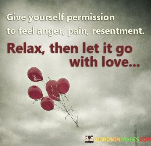 This quote encapsulates a valuable lesson in emotional self-care and healing. The first paragraph emphasizes the importance of acknowledging and granting oneself permission to experience negative emotions such as anger, pain, and resentment. It suggests that suppressing these feelings can be counterproductive and that allowing oneself to feel is a healthy step towards emotional well-being.

The second paragraph encourages a process of relaxation after acknowledging these emotions. It highlights the significance of creating a safe space within oneself to process and understand the underlying causes of these emotions. This relaxation phase is vital for gaining clarity and perspective, preventing the emotions from overwhelming one's thoughts and actions.

The third paragraph introduces the concept of letting go with love. It suggests that after acknowledging, feeling, and understanding these emotions, it is beneficial to release them with a sense of self-compassion and forgiveness. This act of letting go allows one to move forward with a lighter heart, free from the burden of negative emotions that could otherwise hinder personal growth and well-being.