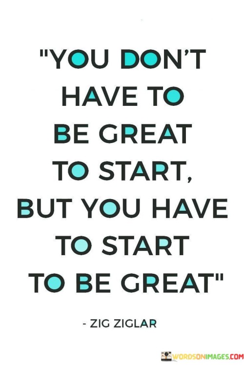 The quote emphasizes the importance of beginning the journey towards greatness. It suggests that taking the initial step is essential for progress, even if one's current abilities are limited. This viewpoint underscores the significance of action in achieving excellence.

The quote underscores the concept of growth and development. It conveys that improvement comes through active engagement, not by waiting for perfection. This perspective encourages individuals to prioritize taking action over waiting for ideal circumstances.

Ultimately, the quote promotes initiative and determination. It implies that greatness is a product of continuous effort and commitment. By highlighting the role of starting in the pursuit of greatness, the quote guides individuals towards embracing challenges and proactively working towards their aspirations.